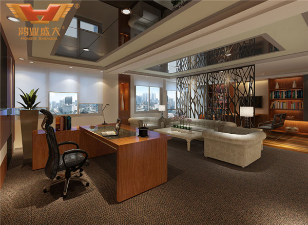 鸿业家具为深圳企业办公室设计的总裁办公室桌椅配套摆放效果图
